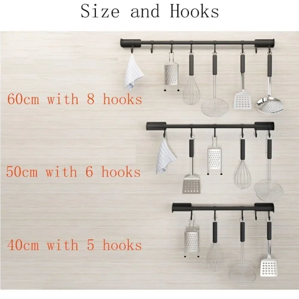 Wall Mounted Utensil Rack Hanger Heavy Duty Utensils 40 cm 5 Hooks